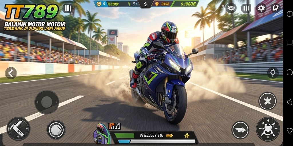 Screenshot gameplay TT789 dengan aksi balapan motor yang mendebarkan.